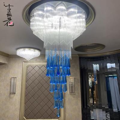 China Modern Duplex Villa Cavity Hotel Lobby Banquet Gold Modern Hall Can Customize Drop Glass Staircase Art Blue Water Revolving Staircase Light for sale