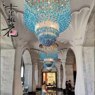 China Modern Large Round Blue Water Art Drop Glass Square Size In Hotel Lobby Can Customize Luxury Handmade Glass Chandelier for sale