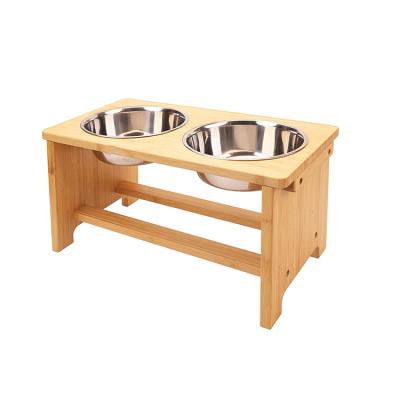 China Sustainable Pet Products Manufacturer Raised Stainless Steel Raised Wooden Rack Dog Bowls for sale