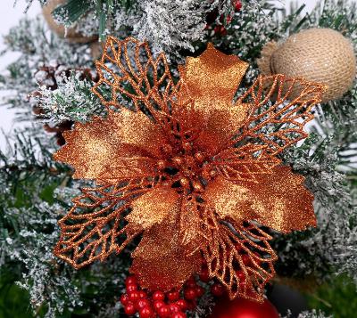 China Christams Home Decor Gold Christmas Poinsettia Tree Artificial Flowers Weave Christmas Tree Flower Ornaments with Green Soft Stings for sale