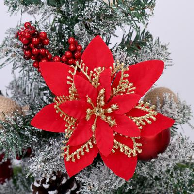 China Wholesale Christams Home Decoration Silver 14cm Glitter Red Silk Christmas Artificial Flowers For Decorative Christmas Tree for sale