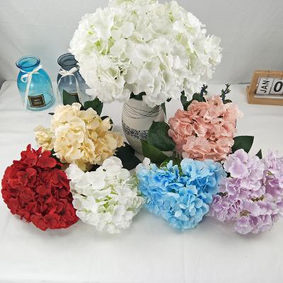 China Environmental protection green European style 5 heads with artificial colorful leaf hydrangea bouquet flower bouquet for wedding decoration for sale