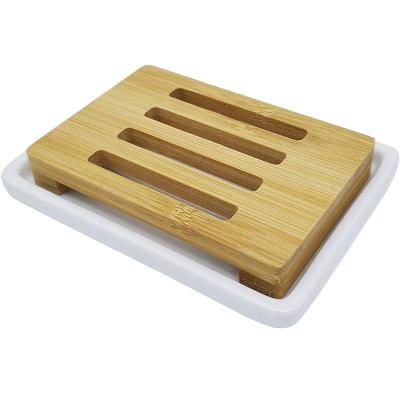 China Double Layer Eco-friendly Draining Soap Dish Bamboo Soap Holder Ceramic Soap Dish For Shower And Bathroom for sale