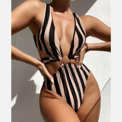 China 2021 Hot Selling New Style Stripe Print Stripe Print Breathable Women Bikini Deep V-Neck Swimsuit Beach Wear for sale