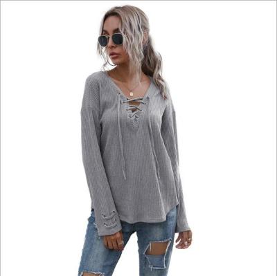 China Fashion Gray Brown Breathable V-Neck Lace Up Women Sweatshirt 2021 New Style Bottoming Shirt for sale