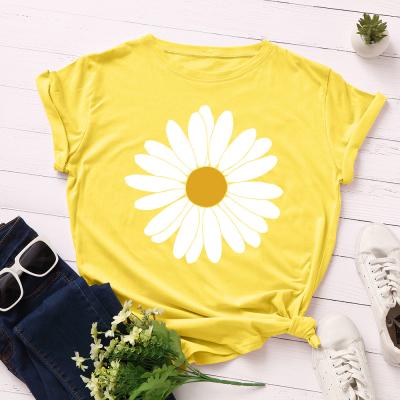 China 2021 New Summer Women Breathable Custom Cotton T-shirt High Quality 100% Sunflower Print Top for sale