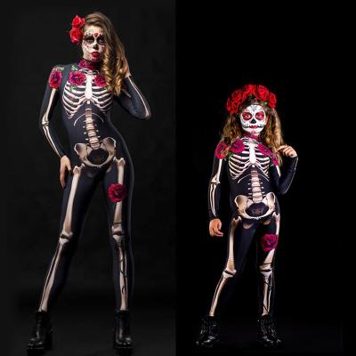 China 2020 Halloween Adult Girls Horror Cosplay Costumes Rose Skeleton Jumpsuit Skeleton Rompers for sale