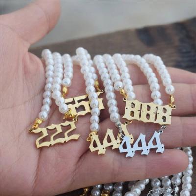 China New FASHIONABLE Tasty Pearl Beaded Necklace 2022 Fashion 18K Gold Plated Stainless Steel Charms Bead Angel Number Necklace For Women for sale