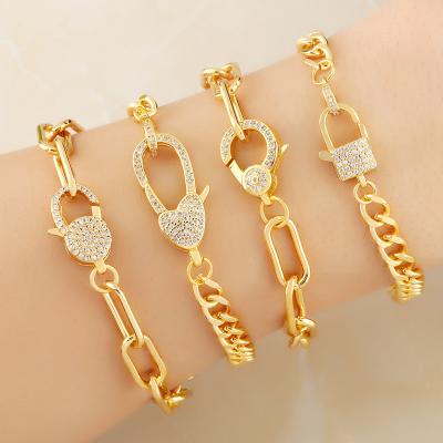 China 2022 FASHIONABLE European and American Popular Big Cuban Link Gold Chain Bracelet Zircon Bracelets Metal Rectangle Pendant Bracelet Lock Shape for sale