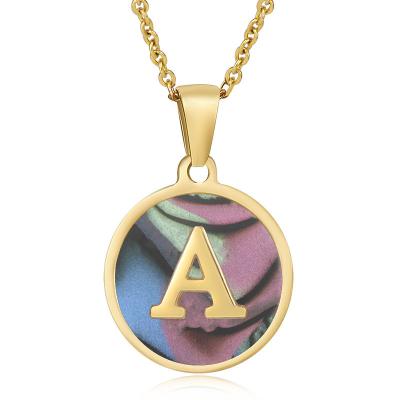 China Europe and America Online Fashion Tender Stainless Steel Round Shape Inalid Shell Letter Pendant Necklace Colorful For Unsex Jewelry for sale