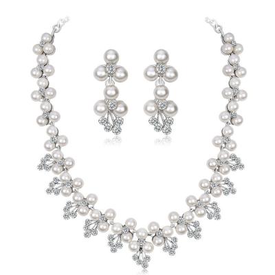 China Romantic Luxury Bridal Rhinestone Natural Pearl Necklace Earrings Zircon Jewelry Sets For Women for sale