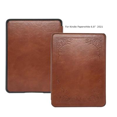 China New Released Auto Sleep Customized Emboss OEM Hands Holder Smart Brown PU Leather Case For Kindle Paperwhite 6.8