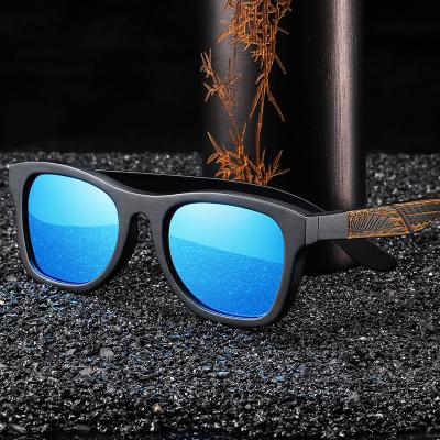 China Fashion High End Handmade Floral Engraved Bamboo Wooden Sunglasses Shape Logo Polarized Square Sun Glasses Custom Made With Wooden Box for sale