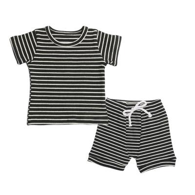 China Summer Baby Kids Casual Clothes 2pcs Breathable Teams Rib Cotton Stripe Short Sleeve Pajamas Infant Teams Children Kids Clothing Set for sale