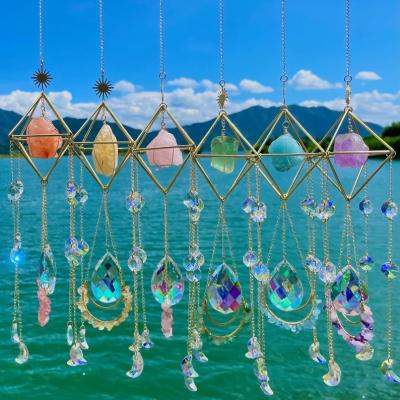 China Huge Rustic Natural Stone Crystal Wind Chime Rainbow Chaser Quartz Prism Sun Catcher Window Curtain Home Decoration for sale