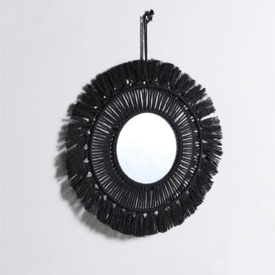 China Living Room Tropical Nordic Acrylic Wall Hanging Mirror Fringe Macrame Black Round Home Accessories Home Accessories for sale