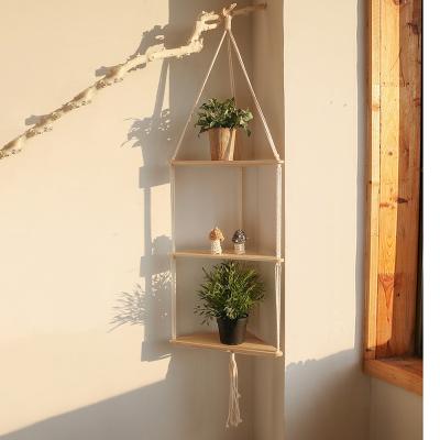 China Macrame Plant Hangers Plant Pot Holder Shelf Bathroom Tropical Modern Outdoor Wooden Floating Double Hanging Hanging Shelf Wedding Decor for sale