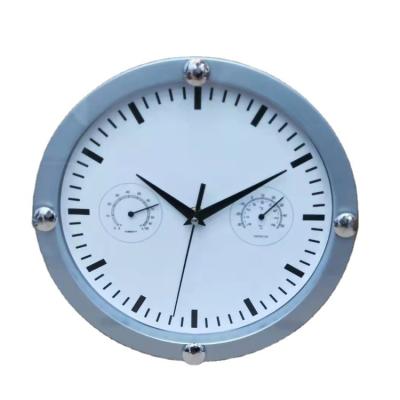 China Antique Style Design Glass Clock 12 Inch Round Quartz Clock Classic Plastic White Face Silent Wall Clock With Humidity And Temperature for sale