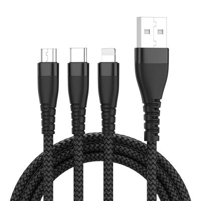 China 3 In 1 Cable 3B3C Black 3 In 1 Type C USB Charging Cables 3A Nylon Braided Material Fast Charging Cable 8 PIN Interface Black Mobile Phone for sale