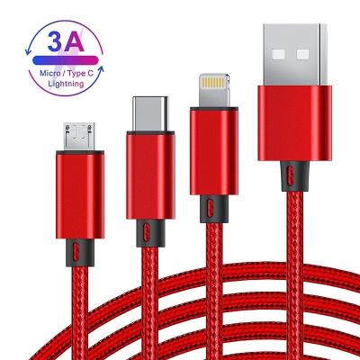 China 3in1 3a 3B1A Fast Charging Cable 3 in 1 Universal Nylon Braided Durable Fast Charging 3A USB Cable Mobile Phone Charger Cord For Android Iphone Samsung for sale