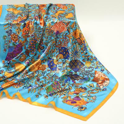 China 2022 square style silk satin flower pattern towel 90*90cm new European autumn winter square decorative elegant silk scarf for sale