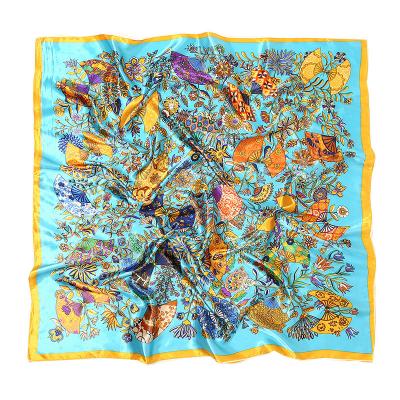 China 2022 Square New Autumn Style Satin Flower Pattern European American Square Towel 90*90cm Winter Decorative Elegant Silk Scarf for sale