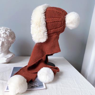 China Wool Ball Knitted Hat Plush Thickened Hearing Protection Collar Warm Women Scarf Manufacturer Wholesale Winter Striped Manual Wool for sale