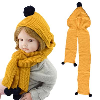 China Hot Selling Children's Scarf Striped With Hooded Double Function Warm Woolen Knitted Hat Wool Ball One-Piece Bib Hat Shawl Autumn Winter for sale