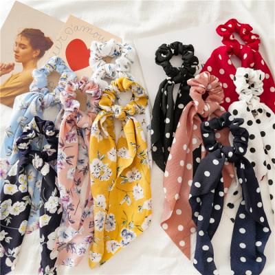 China 2021 fashion design personalized cheap hair scrunchie printed elastic long scarf girls ponytail holder green yellow skinny hair tie for sale