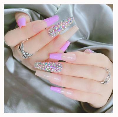 China Diamond Crystal Bling Long Glossy Coffin Design Pink French Nude Ballerina Instant Fake Nails Press On False Nail Tips Manicure for sale