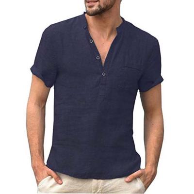 China Popular short anti-pilling men's summer white lsleeve cheap round neck plain dyed t-shirts with button for sale