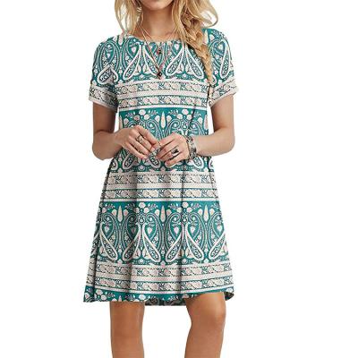 China Anti-Static Women Short Fashion Summer Knee Length Bohemian Floral Print Bohemian Beach Squishy Dress for sale