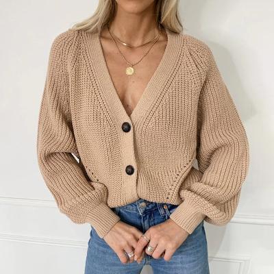 China Women's Solid Long Sleeve Anti-Wrinkle Loose Casual Thick V-Neck Button Knitted Cardigans Sweater Coat For Ladies for sale