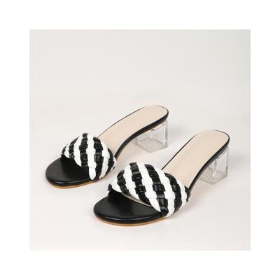 China New Product Hot Selling Women Black And White Striped Weave Comfy Block Anti-odor Heels Sandals for sale