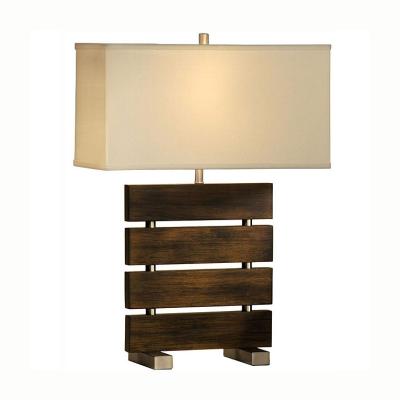 China Modern Industrial Contemporary Unique Design Creative Dark Finish Casual Style Wooden Table Lamp With Rectangular White Canvas Shade for sale