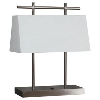 China Modern Brush Nickel Plug Socket Table Lamp with Off White Linen Shade for USA/Canada Hotel Guest Room for sale