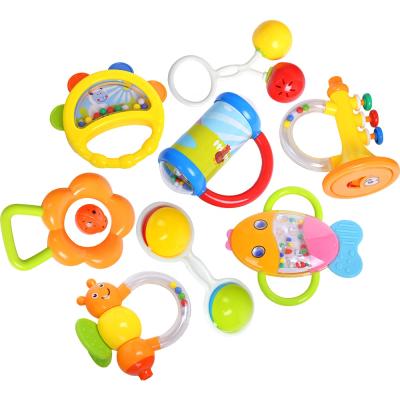 China Music 8 Pcs Set Storage Portable Gift Box Colorful Chewable Rattle Set Teether Activity Baby Rattle Toy Hand Bells for sale