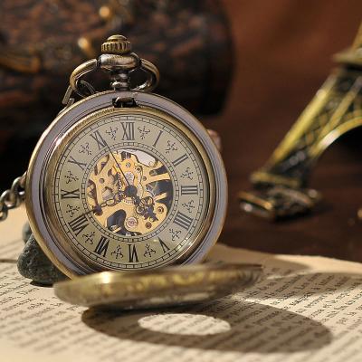 China Pocket Watch Steampunk Best Gifts For Men Women Mens Roman Numerals Vintage Hollow Case Steampunk Chain FOB Hunter Case Mechanical Pocket Watch for sale