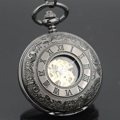 China Double Black Soft Roman Mechanical Pocket Watch Smooth Skeleton Pocket Watch Hand Wind Retro Christmas Gift for sale