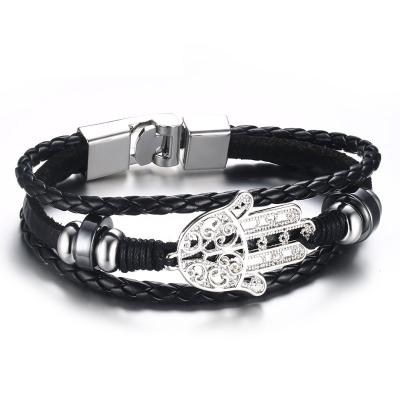 China Fatima Hamas Bracelet Bangle Bracelet Nickel Free Multilayer Braided Alloy Bracelet Leather Hand for sale