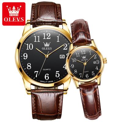 China Wholesale Alloy Material Olevs Full Calendar Pair Hand Watch Water Resistant Cheap Price Casual Couple Watch Set Wristwatches For Men for sale