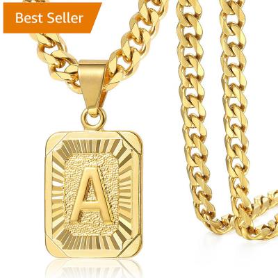 China FASHIONABLE Amazon Initial A-Z Letter Mens Box Cuban Chain Gift 18K Gold Plated Stainless Steel A-Z Capital Letter Square Pendant Necklace for sale