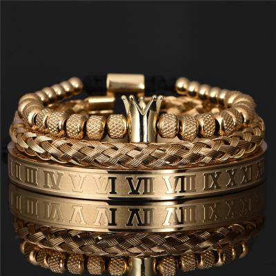 China FASHIONABLE 3pcs Set Pulseiras Luxury Men's Geometry Stainless Steel Roman Alphabet Royal Crown Charm Couples Open Adjustable Bracelets for sale