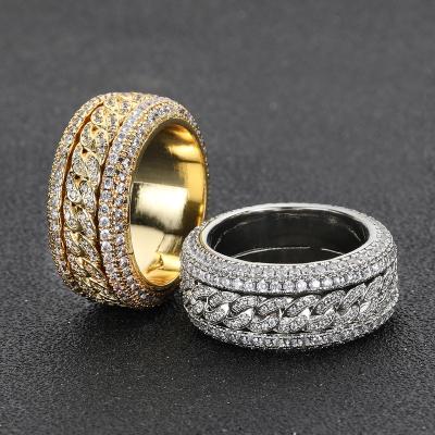 China Hip Hop Fashion Iced Out 14k Gold Plated Full Diamond Bling Cz Spinner Hip Hop Rotatable Cuban Ring Jewelry For Men and Women for sale