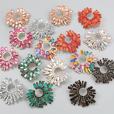 China Other Alloy Inlaid Statement Colored Glass Round Flower Sunflower Rhinestone Diamond Women Party Shiny Stud Earrings for sale