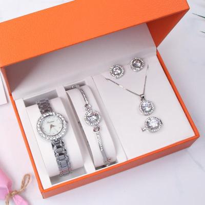 China Chronograph Most Popular Gift For Women Rhinestone Necklace Earring Bracelet Watch Five Pieces Set Ladies Watch Set for sale