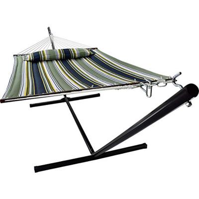 China Enjoy your life in the backyard 2 person double stripe hammock set quilted fabric swing with strong Curved-bar steel stand and detachable pillow and 12 feet for sale