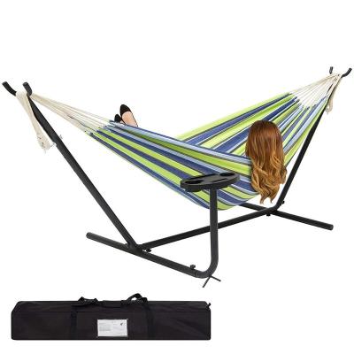 China Outdoor Furniture Outdoor Double Hammock With Steel Stand Cup Holder Tray And Carry Bag Swing Combo for sale