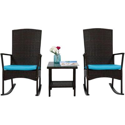 China Outdoor Wicker Moon Chair Rattan Rocker Chair Garden Rocking Chair Sun Lounge With Turquoise Cushion And Tea Table for sale