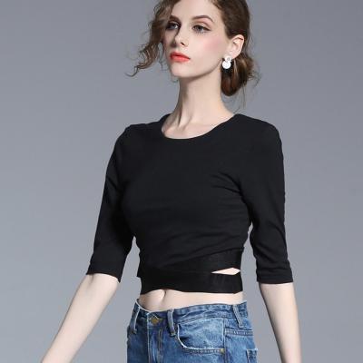 China Exposed Color Sexy Custom Anti-pilling Women's Half Sleeve Crossed Elastic Band Double Top Black Crop Top T-Shirt for sale